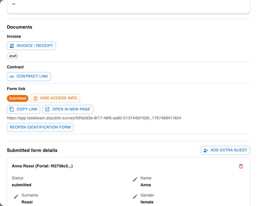 The Form link block of a booking with a Submitted badge, a Hide access info button, Copy link, Open in new page and Reopen identification form