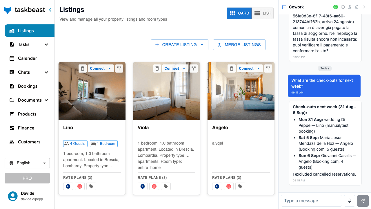 The Cowork chat sidebar showing a host asking the assistant to check with the cleaner, and the assistant reporting back