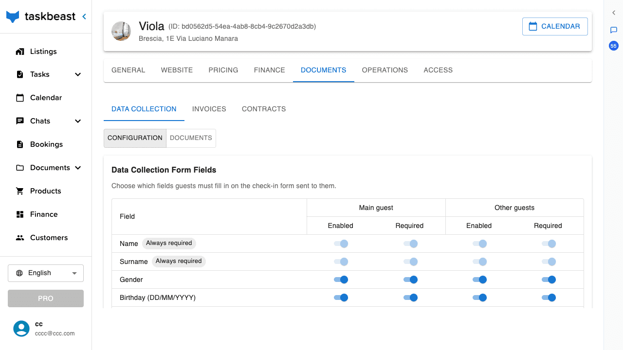 The Data Collection configuration showing per-field toggles for main guest and other guests