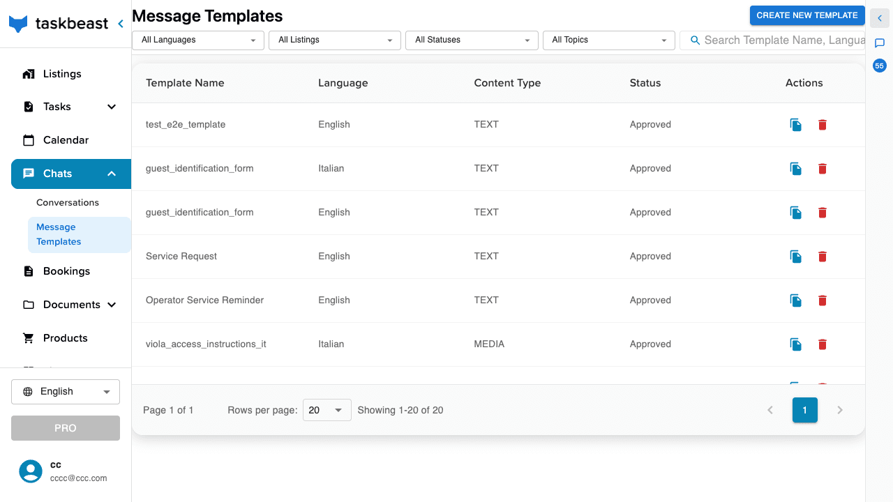 The Message Templates page with the template table and its language, content type and status columns